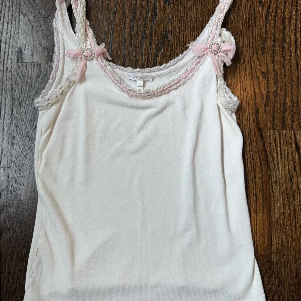 Escada Womens Tank Top Size Small Knit Ribbon Bow Pink Rhinestone White Cream